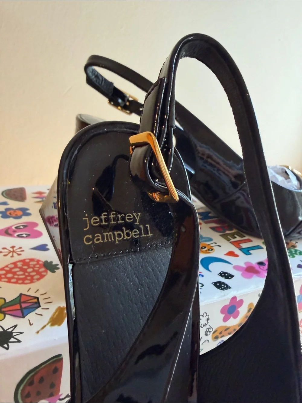 Jeffrey Campbell Black Patent Pointed Slingback Pumps with Gold Hardware